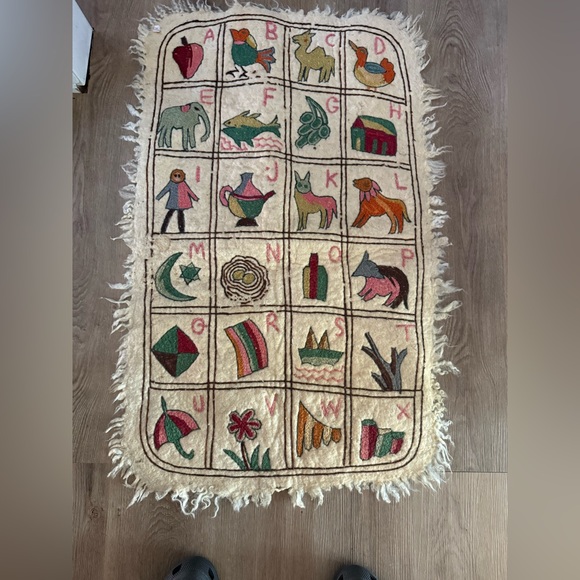 Vtg Kashmir Handmade Namdha Wool Embroidered Alphabet Kids Animal Wall Hanging